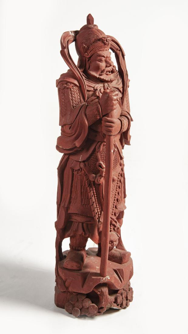 Chinese Carved Polychrome Wood Warrior: MEASUREMENTS: Approximately 14" diameter x 49" high. Some losses to red paint and wood.