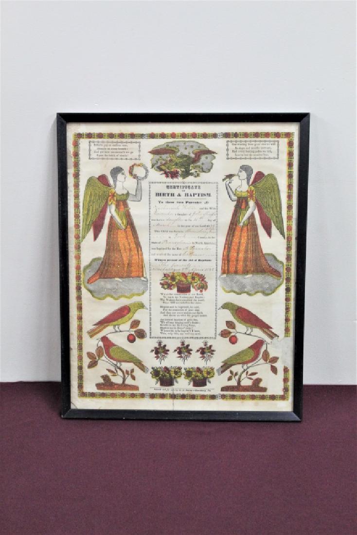 1848 Fraktur; York PA: MEASUREMENTS with frame: 17-1/4" x 13-1/2". Loss to bottom right corner. Separation at bottom center fold.