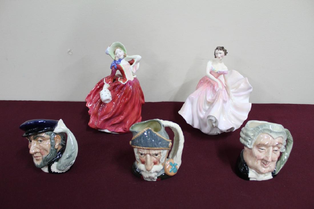 5 Pcs Royal Doulton: The Polka (H.N. 2156), Autumn Breeze (H.N. 1934),+ 3 Minature Toby Mugs.