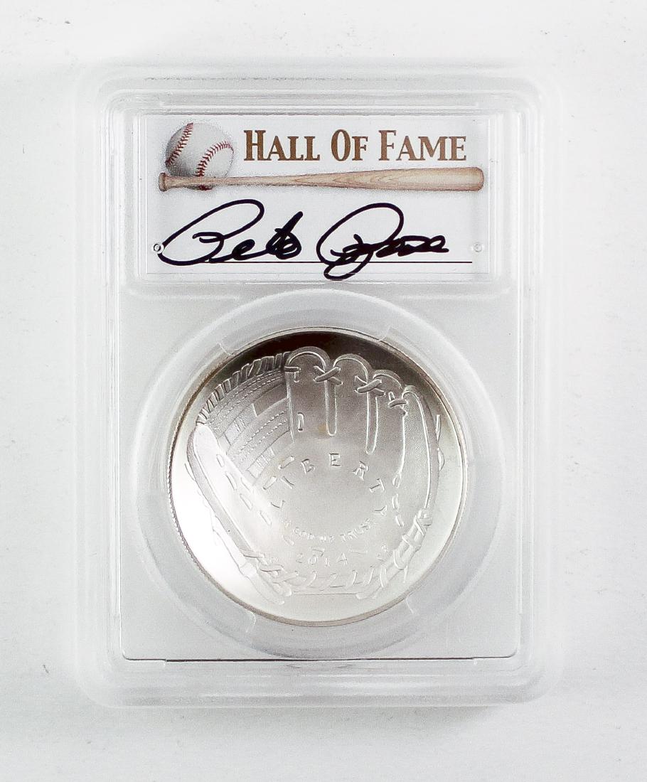 2014 Pete Rose Signed Silver Baseball: DESCRIPTION: Rare 2014 P .900 PCGS MS 70 silver baseball signed by Pete Rose. 26.73 grams.