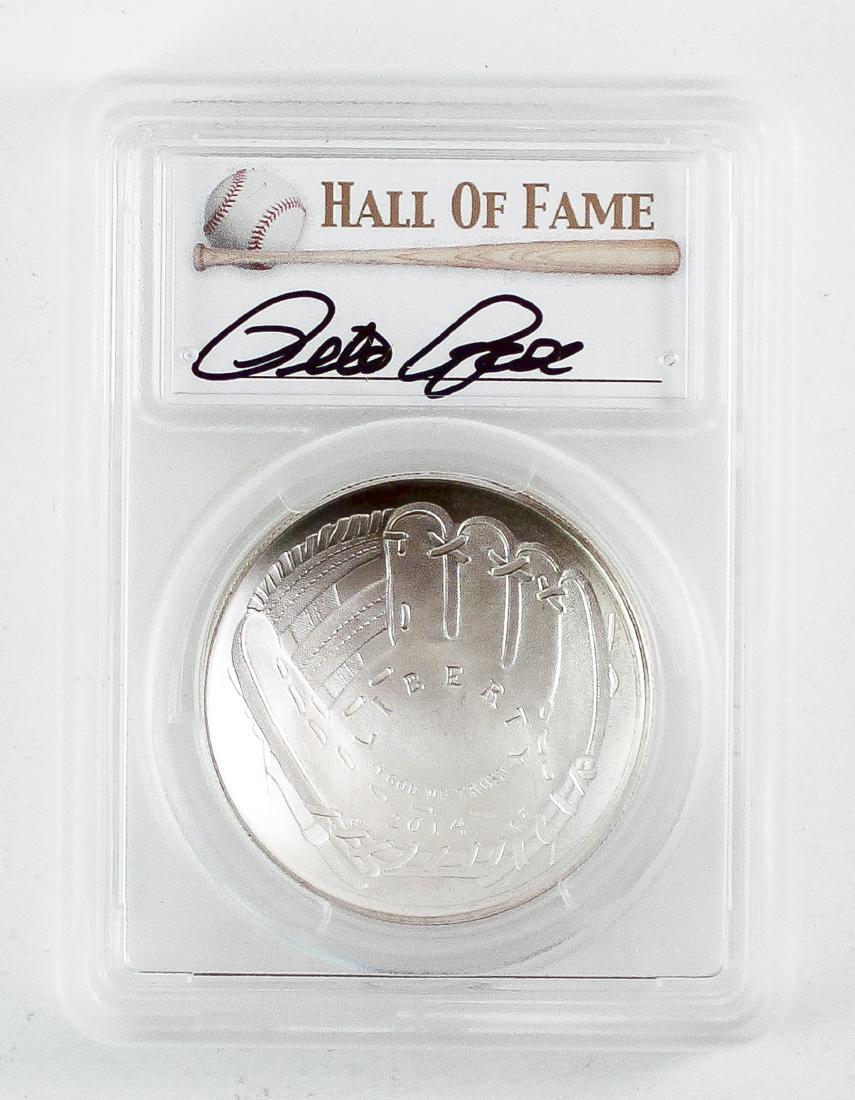 2014 Pete Rose Signed Silver Baseball: DESCRIPTION: Rare 2014 P .900 PCGS MS 70 silver baseball signed by Pete Rose. 26.73 grams.