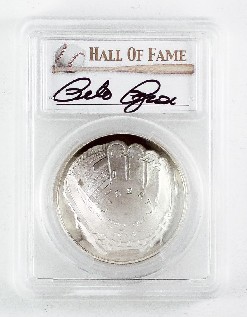 2014 Pete Rose Signed Silver Baseball: DESCRIPTION: Rare 2014 P .900 PCGS MS 70 silver baseball signed by Pete Rose. 26.73 grams.