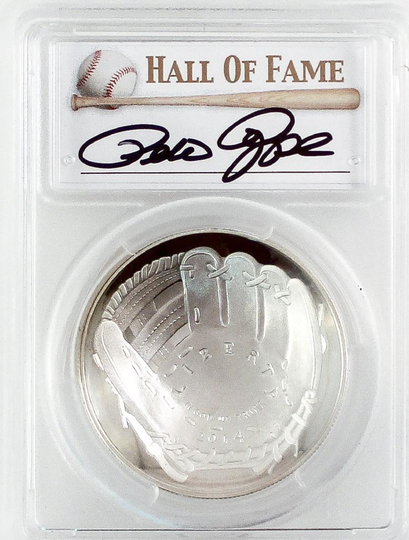 2014 Pete Rose Signed Silver Baseball: DESCRIPTION: Rare 2014 P .900 PCGS MS 69 silver baseball signed by Pete Rose. 26.73 grams.