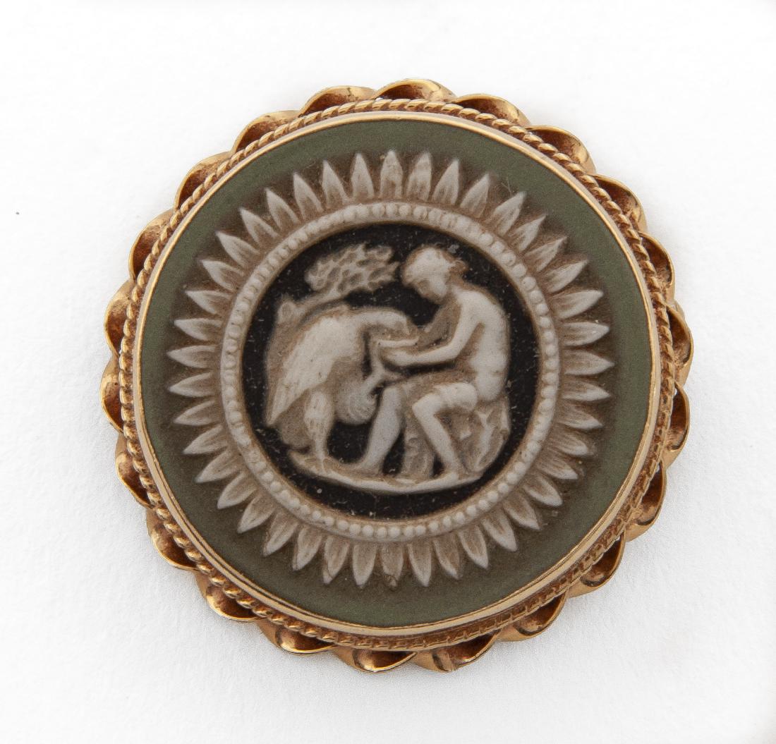 14k Wedgwood Pin/Pendant: DESCRIPTION: 14k Wedgwood pin or pendant. MEASUREMENTS: 2.2 dwt (3.4 gr). 1" long. CONDITION: Very light wear.