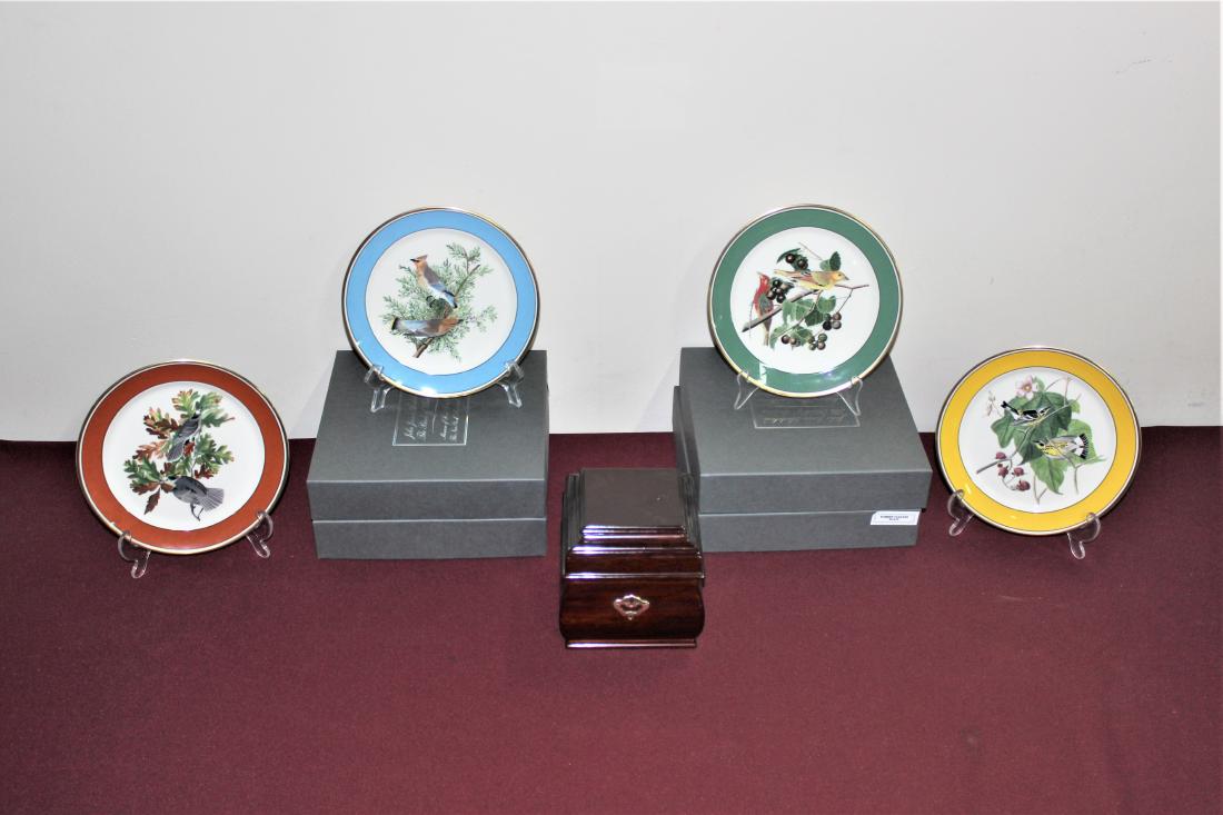4 Audubon Plates and Wood Trinket Box: Plate MEASUREMENTS: 8-1/4" diameter. Plate names: Cedar Waxwing, Summer Tanger, Magnolia Warbler, and Gray Jay.