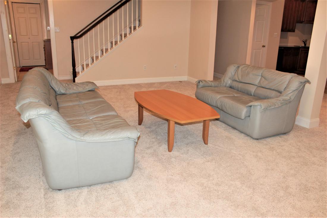 3 Pcs Living Room Furnishings: Includes leather sofa, loveseat and coffee table. MEASUREMENTS: Sofa: 82" wide x 32" deep x 30" high. Loveseat: 56" wide x 32" deep x 30" high. Table: 53" wide x 29-3/4" deep x 16-1/2" high.