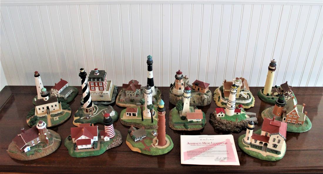 16 Danbury Mint "Historic American Lighthouses": Some with certificates. MEASUREMENTS: 4" to 7-1/2" high.