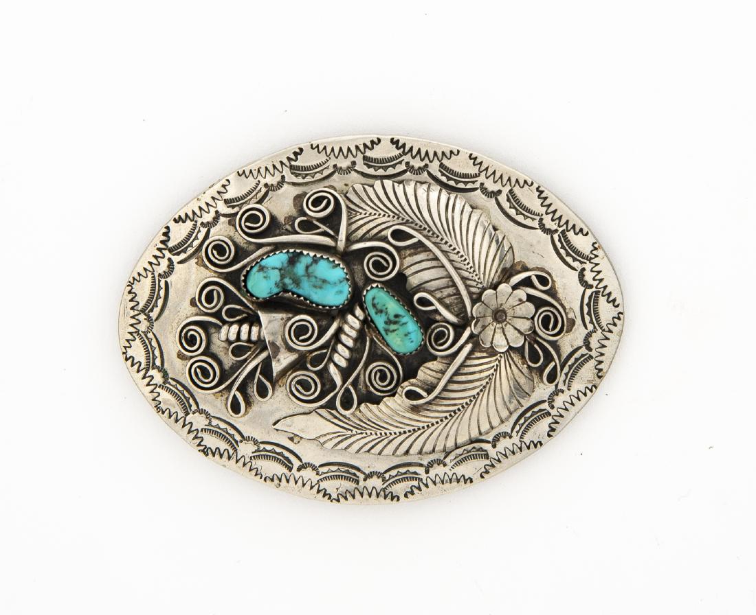 Native American Belt Buckle: Handmade signed "JC". Natural; turquoise. 4" wide.