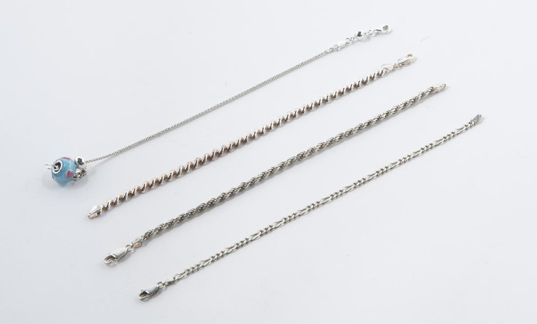 4 Sterling Bracelets: One with glass bead. 7" to 8".