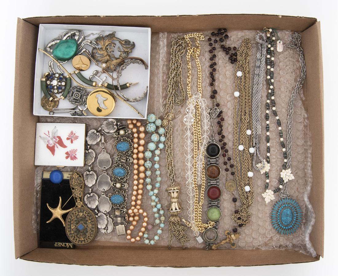 Large Mixed Lot Jewelry: Incl crystal beads, bracelets, crab brooch, and compact.