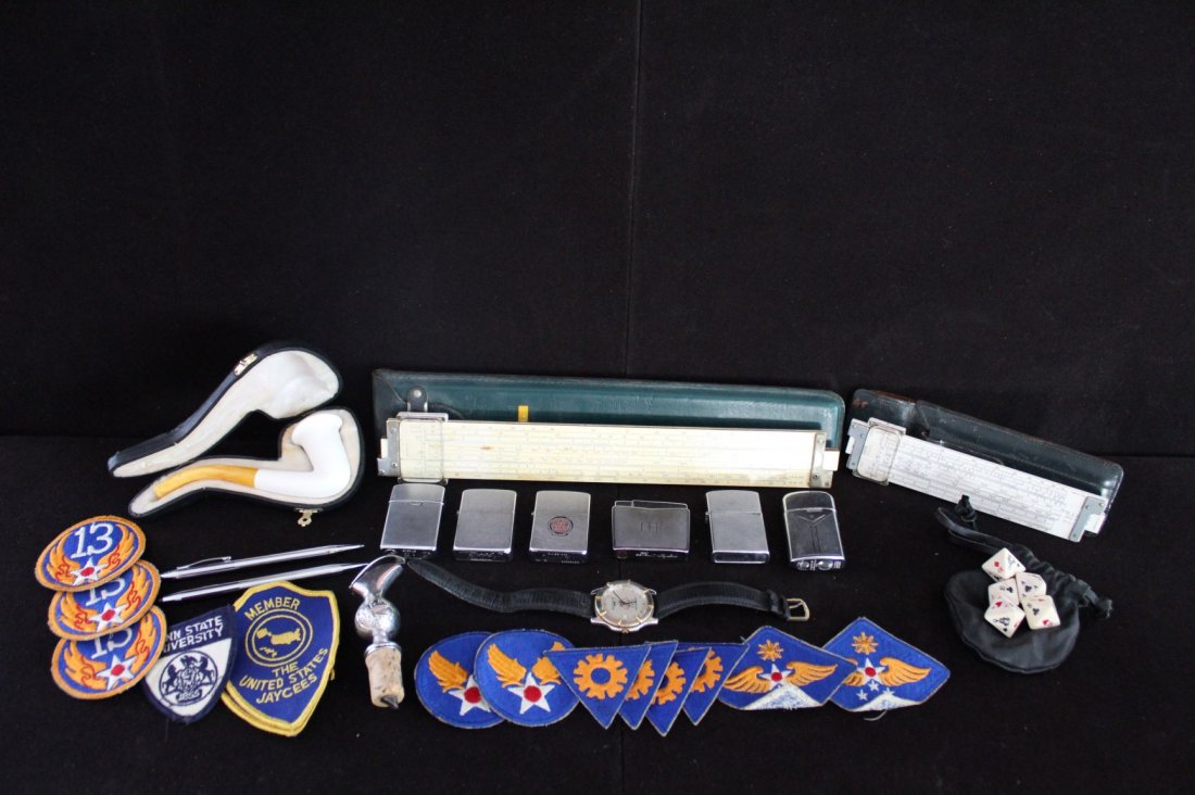 28 Pcs Slide Rules, Lighters, Patches, ETC. (1 of 1)