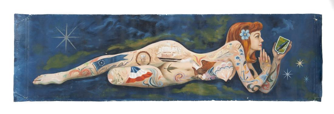 Sailor's Painted Pin Up of a Nude Woman: DESCRIPTION: Sailor's painted pin up of a nude woman. Circa 1970s-1980s. Acrylic on mesh paper. Reclining nude on dark blue ground. Model with redish-brown hair, blue eyes and holding a badge marked "