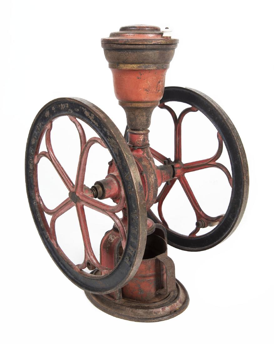 Coles, Philadelphia Painted Iron Coffee Grinder: DESCRIPTION: Coles Manufacturing Co. Philadelphia countertop coffee grinder. Marked "Pat. Dec 27 87". Original red paint. Includes tin pan. MEASUREMENTS: 30" high CONDITION: Light corrosion and losses