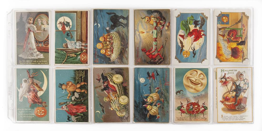 Group of 24 Halloween Postcards Incl Clapsaddle: DESCRIPTION: Group of twenty-four Halloween postcards. Includes Ellen Clapsaddle. Features witches, pumpkins, children, ghosts, black cats and more. MEASUREMENTS: Each 5-1/2" x 3-1/2". CONDITION: Toni