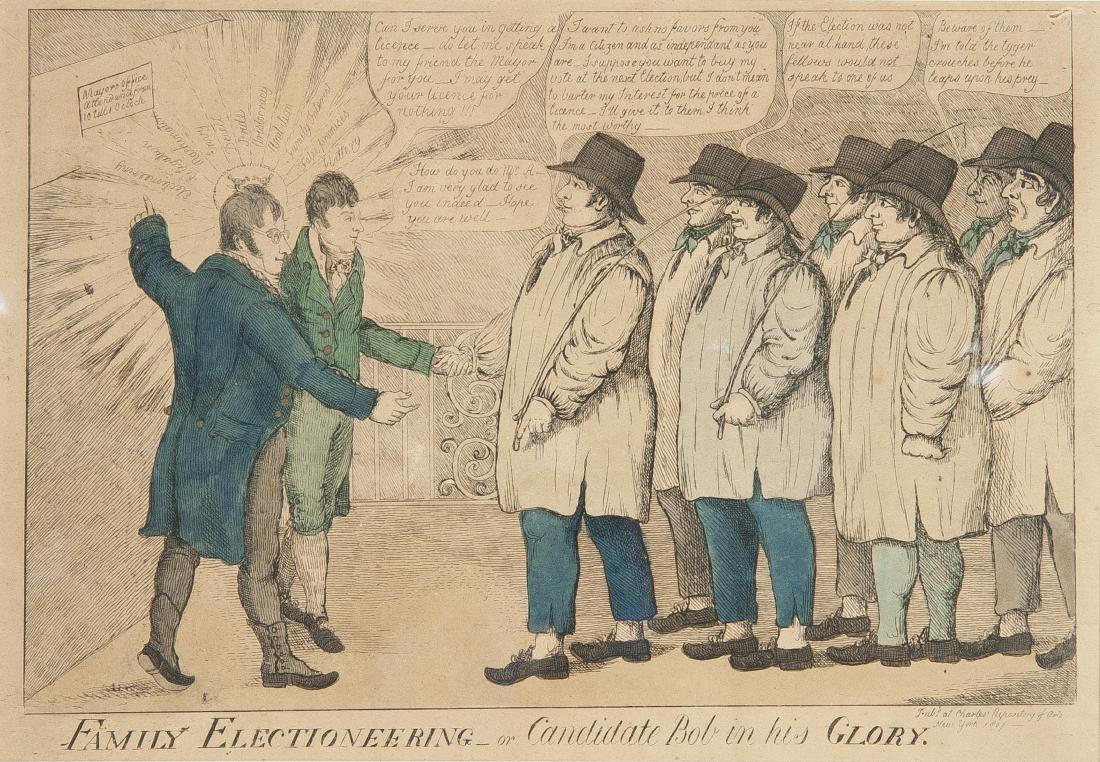 William Charles 1807 Political Cartoon: DESCRIPTION: William Charles (Scottish/American, 1776–1820) hand-colored political etching on laid paper. Family Electioneering - or Candidate Bob in his Glory. Marked "Pub'd at Charles Repository o