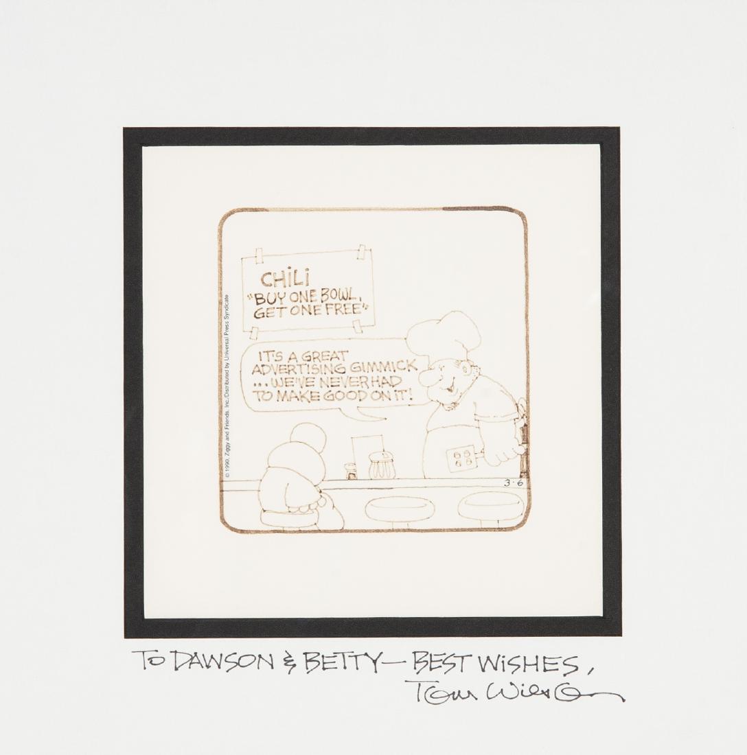 Signed Original Ziggy Tom Wilson Sketch Drawing: DESCRIPTION: Original Ziggy cartoon sketch drawing by Tom Wilson. Dated 3.6 lower right of drawing. With paper cut out added to left side "Copyright 1990, Ziggy and Friends, Inc./Distributed y Univers