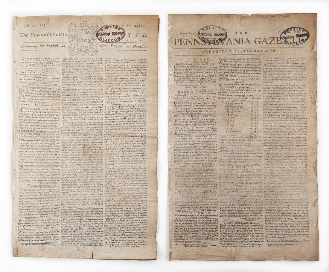 2 Copies Pennsylvania Gazette, 18th Century: DESCRIPTION: Two issues of the colonial newspaper The Pennsylvania Gazette. Printed by David Hall and William Sellers, Philadelphia. Each 4 pp. Includes: 1) Numb. 2482. July 17, 1776. Includes notices