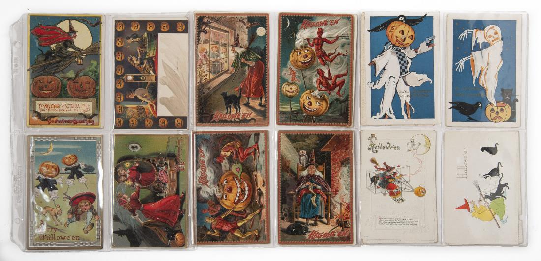 Group of 24 Halloween Postcards Incl Clapsaddle: DESCRIPTION: Group of twenty-four Halloween postcards. INcludes Ellen Clapsaddle. Features witches, pumpkins, devils, black cats and more. MEASUREMENTS: Each 5-1/2" x 3-1/2". CONDITION: Toning. Well c