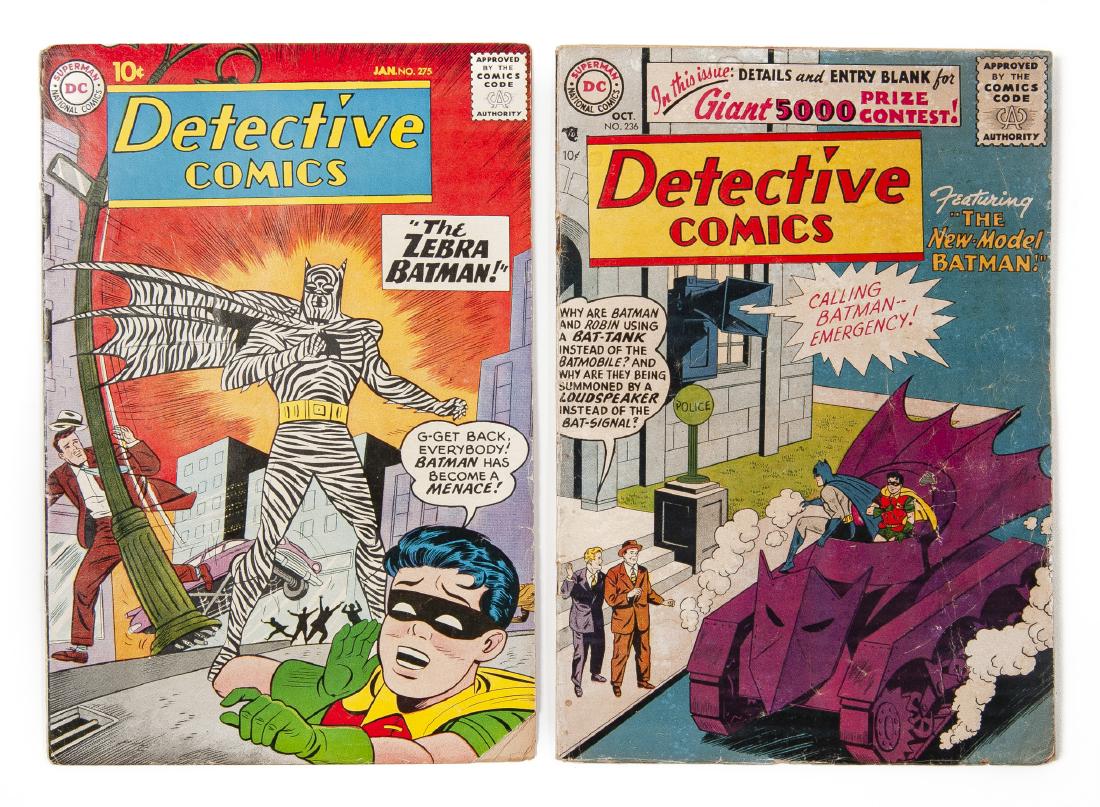 Detective Comics #236 & #275: DESCRIPTION: Detective Comics issues #236 and 275 comic books. #236: First appearance of Jonn Jones. Silver Age. Good -/Good. #275: Zebra Batman. Good + CONDITION: See Description.