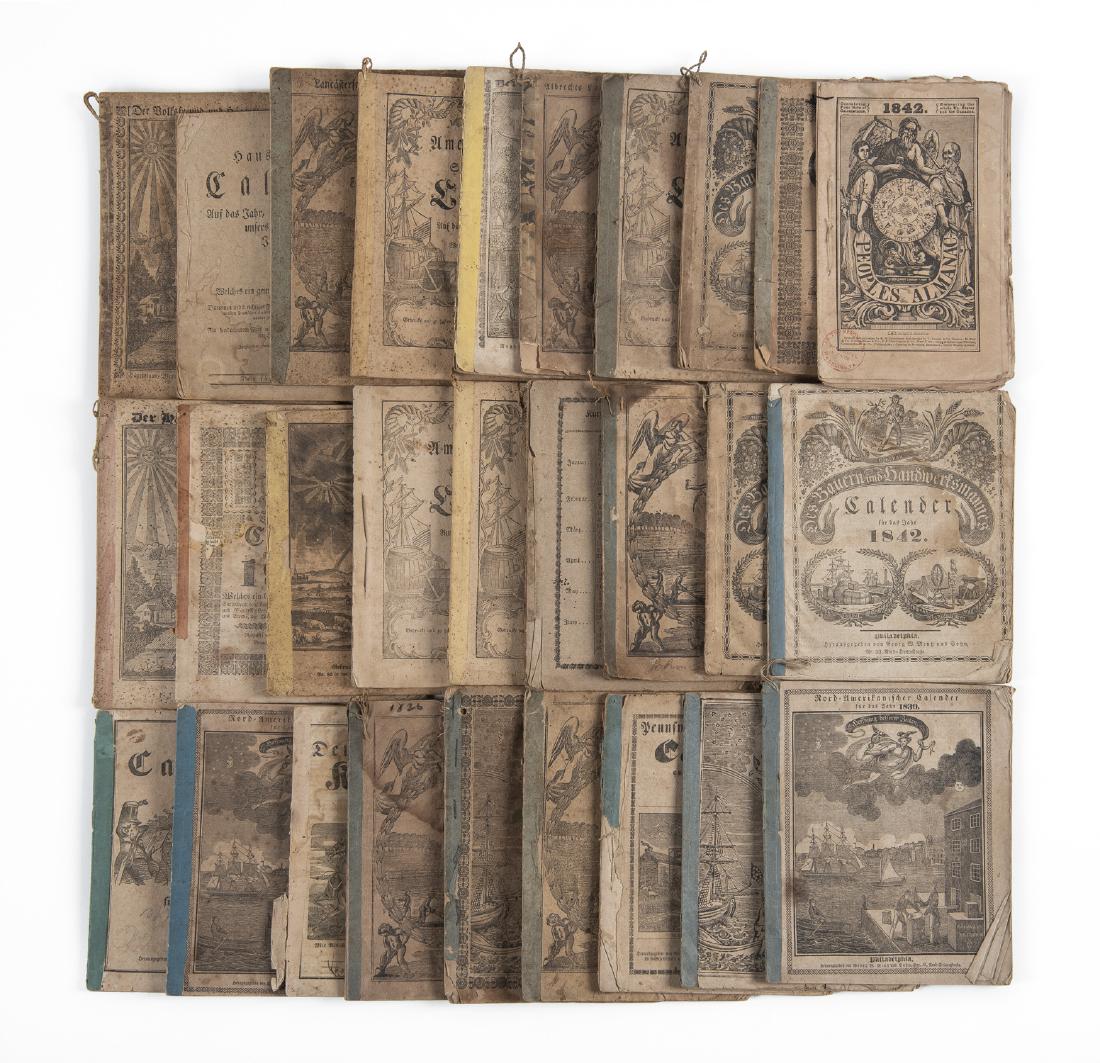 28 Pennsylvania German Almanacs, 19th Century: DESCRIPTION: Twenty-eight Pennsylvania German almanacs. Includes 1803, 1808, 1814, 1815, 1821, two 1826, 1828, 1830, two 1833, 1834, two 1836, 1837, two 1838, 1839, 1841, 1842, 1845, 1847, three 1849,
