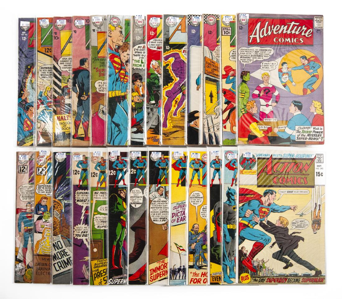 26 Action/Adventure Comics: DESCRIPTION: Twenty-six action/adventure comic books. Adventure Comics issues include #307 and #363. Action Comics issues include #221 with the first Silver Age appearance, #231, #233, #277, #286, #88