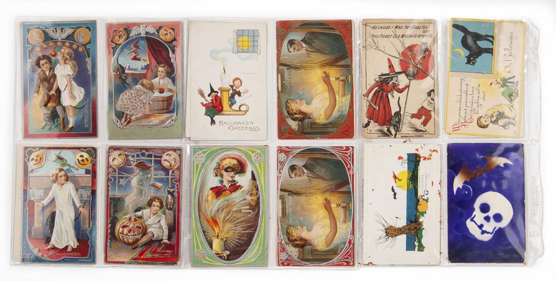 Group of 24 Halloween Postcards Incl Clapsaddle: DESCRIPTION: Group of twenty-four Halloween postcards including Clapsaddle. Features witches, skulls, devils, black cats, ghosts, children and more. MEASUREMENTS: Each 5-1/2" x 3-1/2". CONDITION: Toni