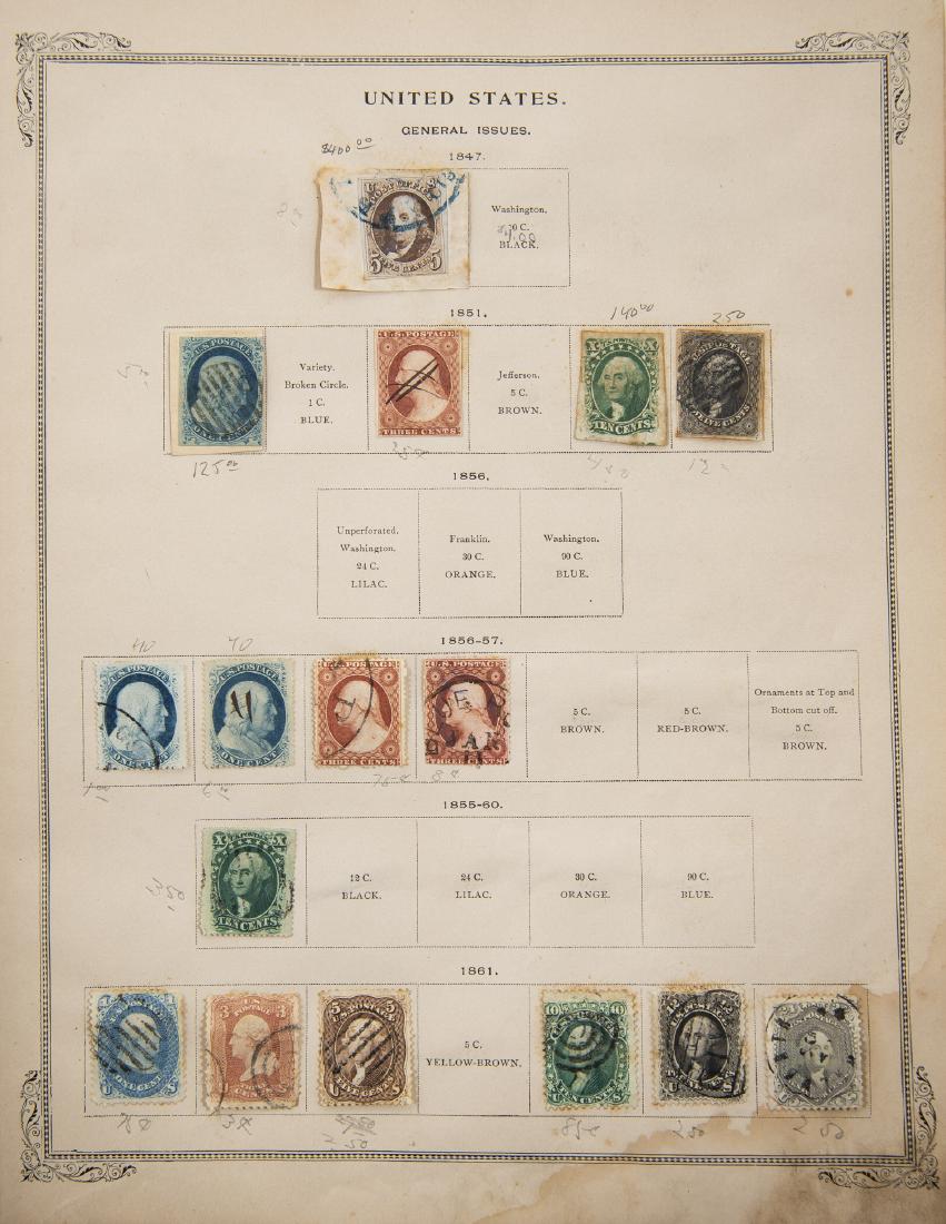 International Postage Stamp Album: DESCRIPTION: International Postage Stamp Album, 1894 edition. 1) 19th century US stamps used. Highlights: #1 five cent Franklin with blue cancel, block of ten mint with gum #12 Confederate stamps (sta