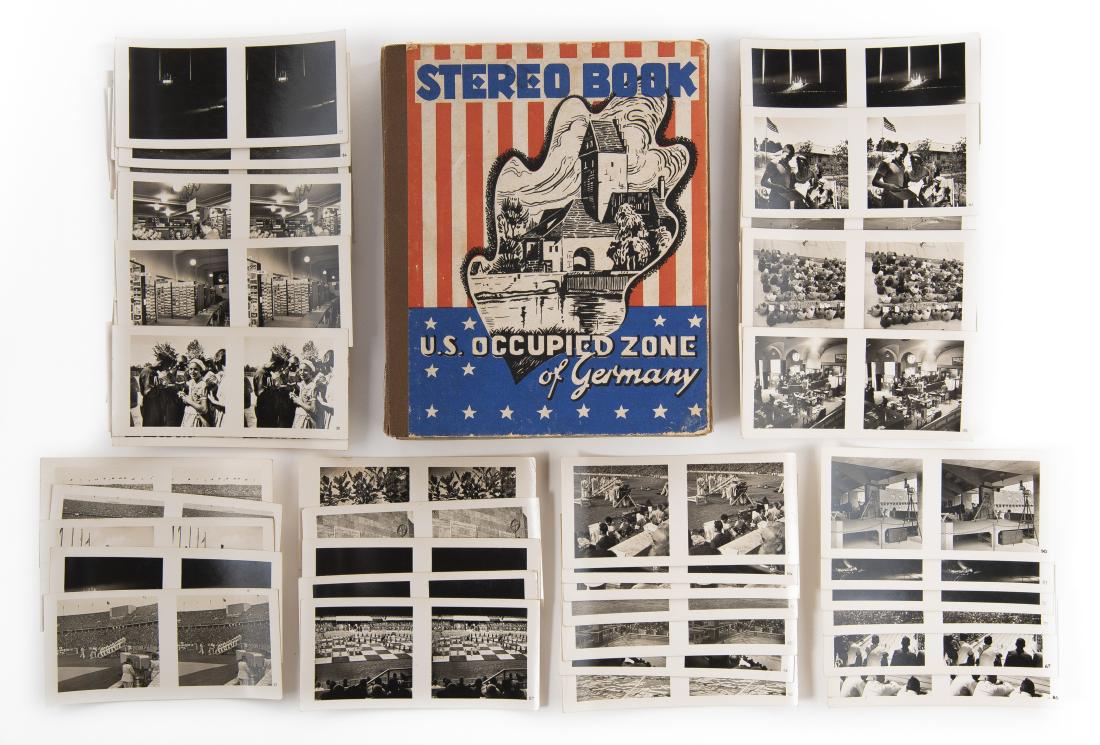 German Olympic Stereo Cards & Stereo Book: DESCRIPTION: Collection of German related stereo cards. Includes: 1) 75 of 100 German Olympic stereo cards. Numbered bottom right corner. Incomplete set. 5" x 2-1/2" 2) "Stereo Book U.S. Occupied Zone
