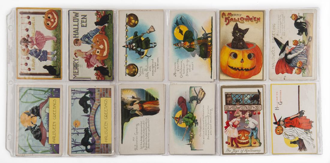Group of 24 Halloween Postcards Incl Clapsaddle: DESCRIPTION: Group of twenty-four Halloween postcards. Includes Ellen Clapsaddle. Features pumpkins, children, bobbing for apples, witches, black cats and more. MEASUREMENTS: Each 5-1/2" x 3-1/2". CON