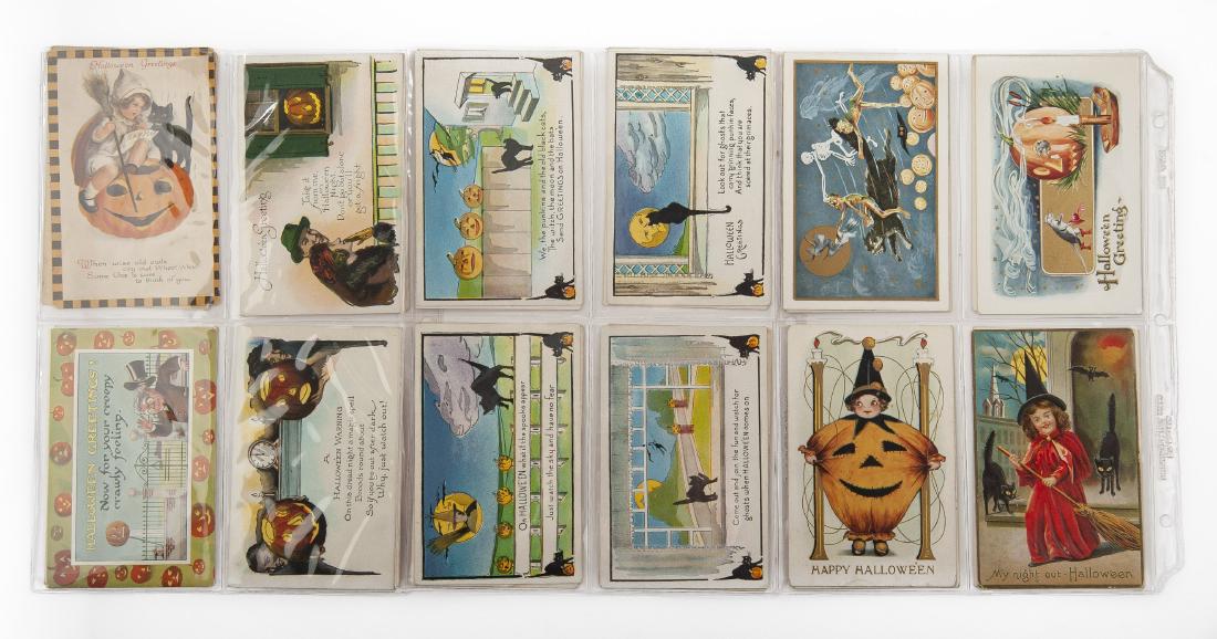 Group of 24 Halloween Postcards: DESCRIPTION: Group of twenty-four Halloween postcards. Features pumpkins, clown, Children, witches, black cats and more. MEASUREMENTS: Each 5-1/2" x 3-1/2". CONDITION: Toning. Well cared for.