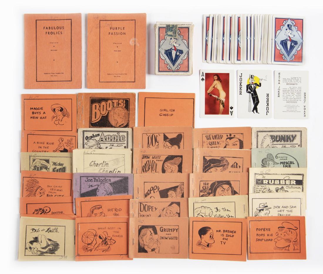 28 Tijuana Bibles and Pinup Playing Cards: DESCRIPTION: Group of Tijuana bibles and pinup playing cards. Includes: 1) Twenty-eight Tijuana bibles including eight Snow White, one each Popeye, Annie, Dick Tracy and Charlie Chaplin, and others. A
