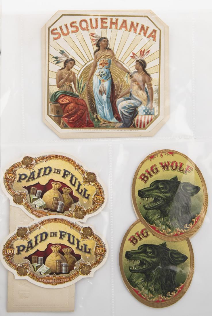 162 Cigar Labels: DESCRIPTION: One hundred and sixty-two cigar labels in binder. Includes, but is not limited to Susquehanna, Big Wolf, Sir Loraine, Indian Pride, Cupid's Best, Admiral Irwin, Rudolph Valentino, Senora