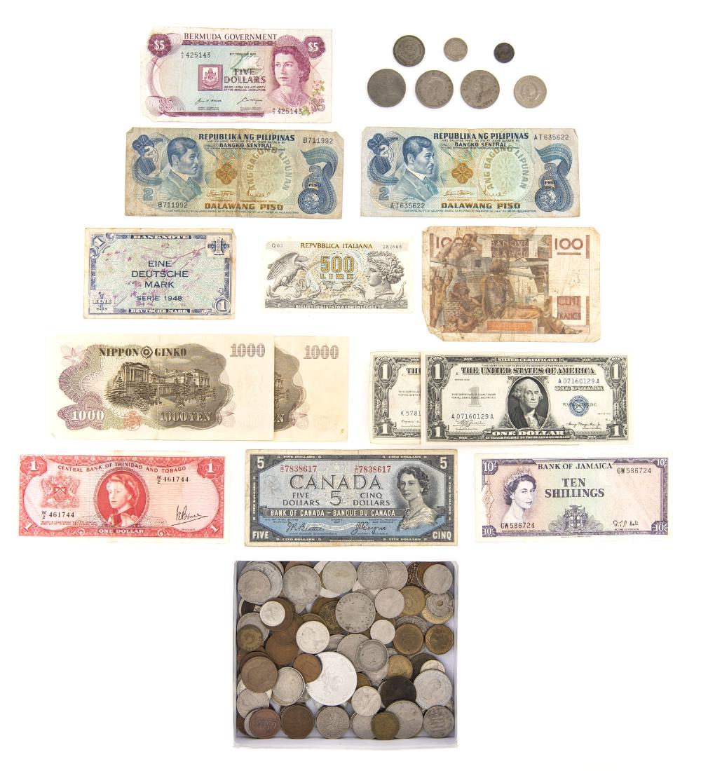 150 Pcs incl Foreign Coins and Silver Certificates: DESCRIPTION: One hundred and fifty pieces incl (137) foreign coins incl Canada, Germany, Great Britain, France, Mexico, and more, (11) foreign notes, and (2) $1.00 silver certificates 1935-1957 A.