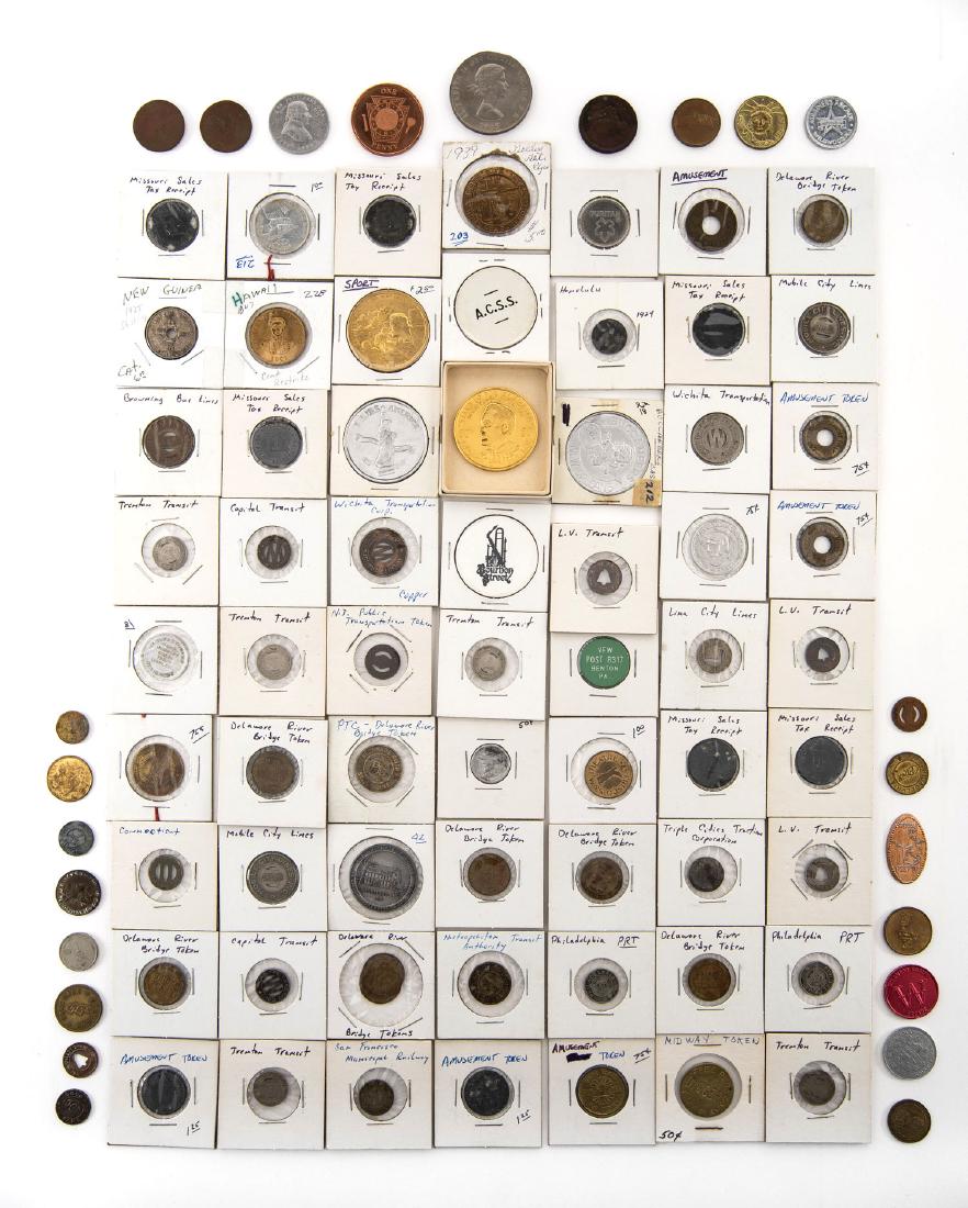 88 US Tokens: DESCRIPTION: Eighty-eight US tokens incl mobile city lines, Missouri sales tax receipt , Trenton Transit, Midway, Amusement, 1924 Honolulu, 1969 F-ball, Railway, Churchill, 1939 Golden Gate Expo.