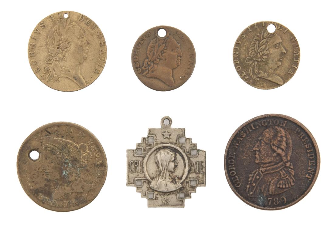 6 US Tokens: DESCRIPTION: Six US tokens incl Broadway, 1791 Georgius III, (2) 1790 Gerogius, 1789 George Washington President, and one more.