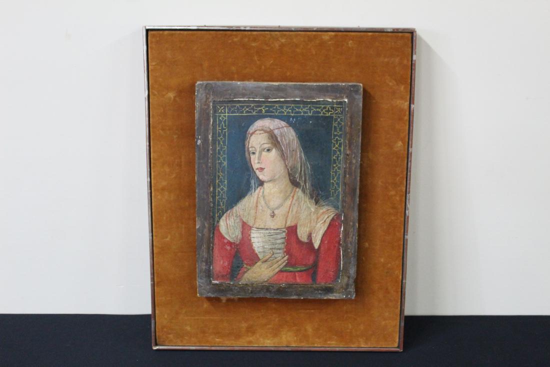 Portrait Painting on Wood Panel: Tag on reverse marked Karl Mann Associates New York. MEASUREMENTS: 21-1/2" high x 17" wide.