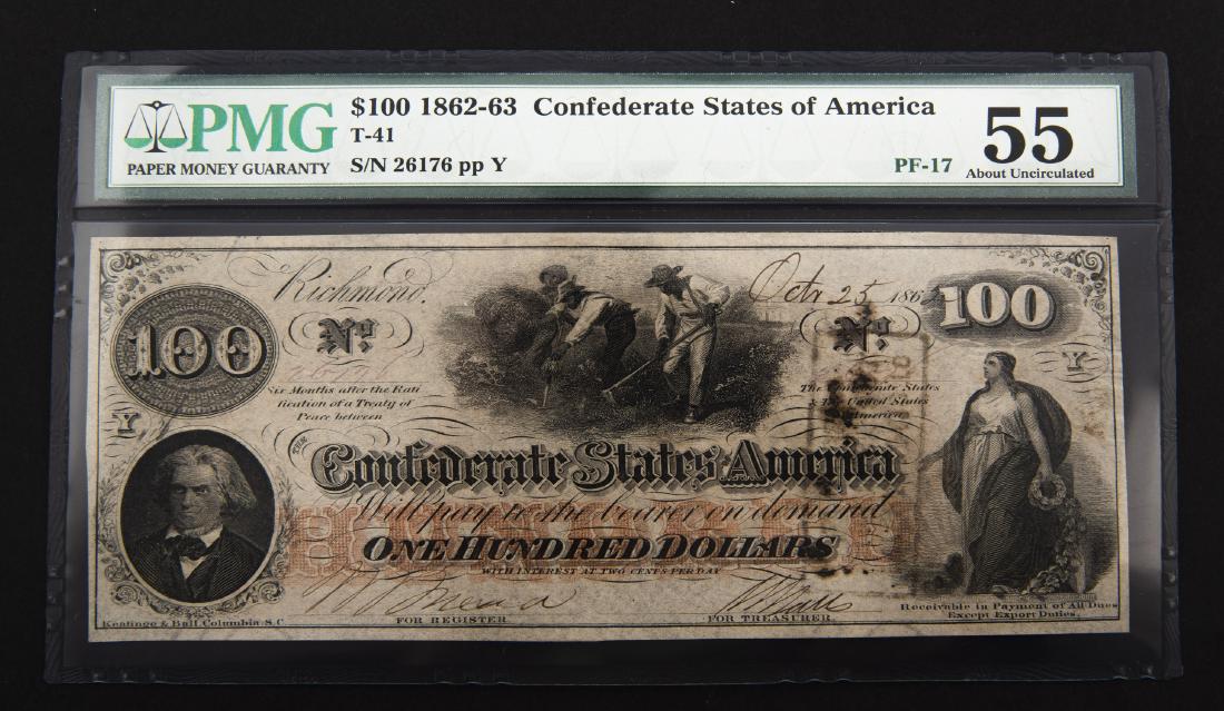 1862-63 Confederate $100 Note PMG 55 A Unc (1 of 2)