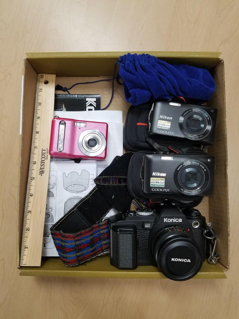 5 Cameras: Includes Konica, Nikon, and Polaroid.