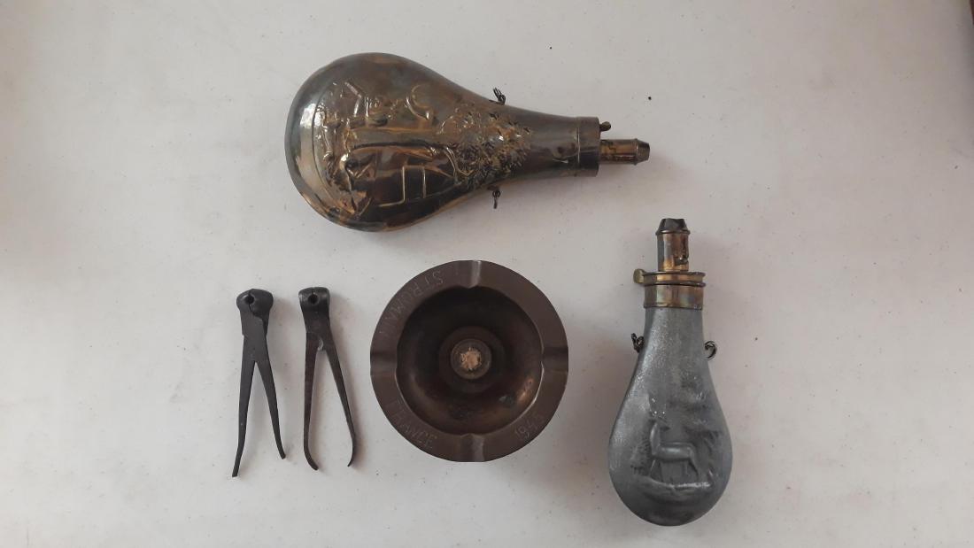 5 Pcs Incl Powder Flasks: Also includes bullet molds and trench art ash tray.