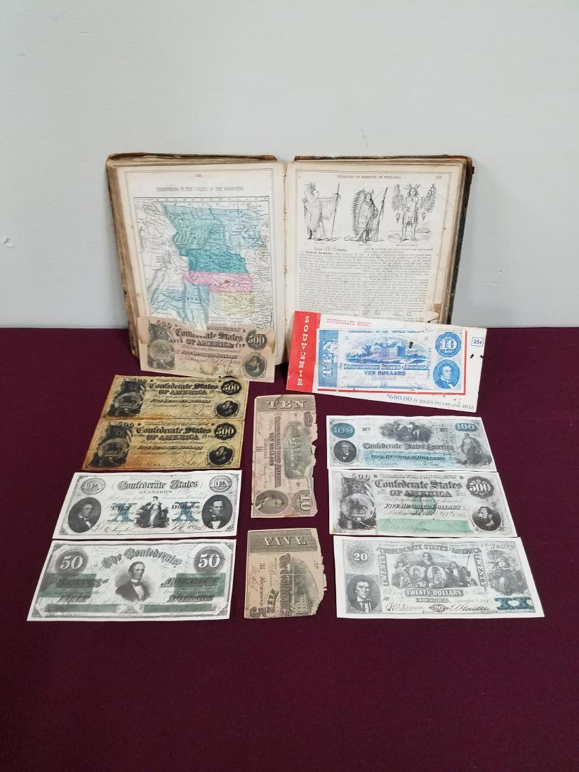 Early History Book and Souvenir Money: Book with torn spine. Some pages bent/torn. 10 pieces souvenir Confederate money.