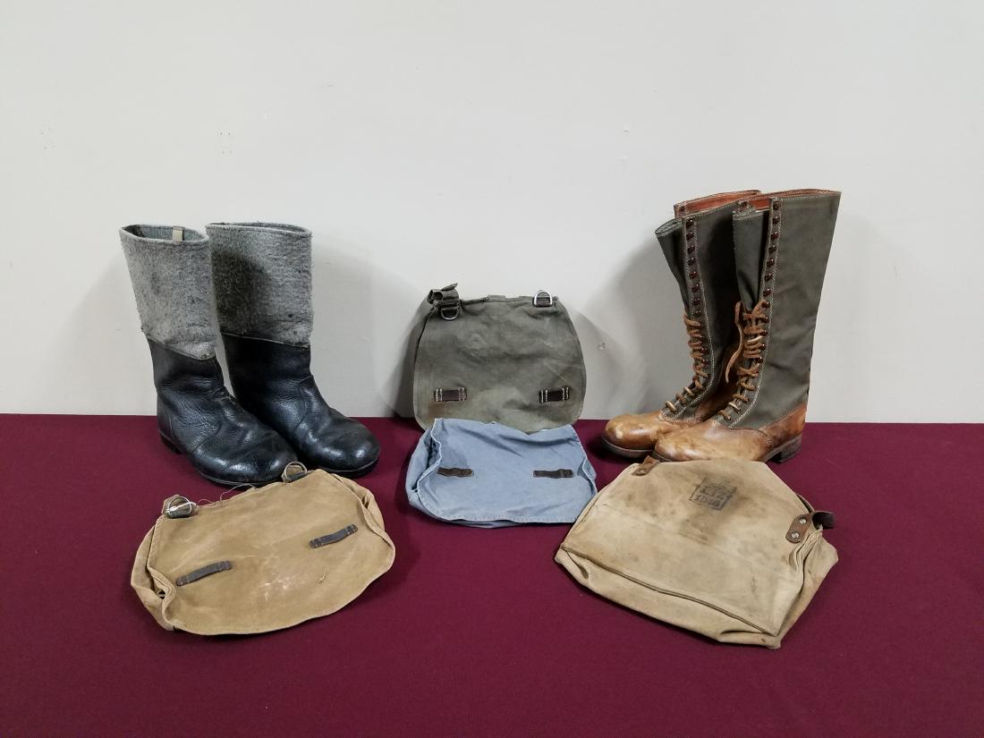 2 Prs. Boots and 4 Bags: Reenactment uniform pieces.