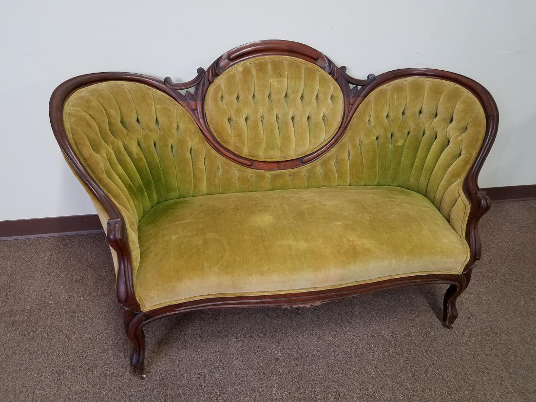 Victorian Settee: 60 wide x 31 deep x 34 high. Some fabric tax missing from liner underneath.