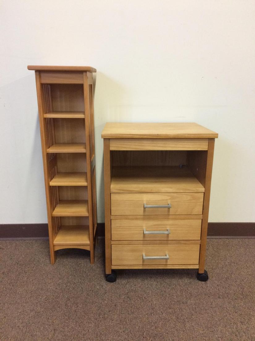 Joe Miller End Table and Shelf: 18 1/2 wide x 15 1/2 deep x 27 1/2 high and pine storage shelves 10 wide x 10 deep x 37 1/2 high.