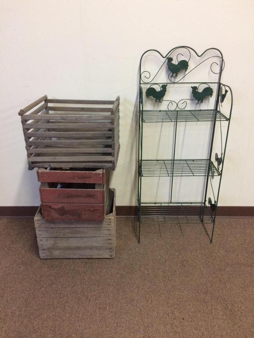 Cooling Rack and 3 Crates: Folding rack 19 wide x 10 deep x 47 1/2 high. Crates 18 1/2 wide x 14 to 15 1/2 deep x 12 1/2 high.