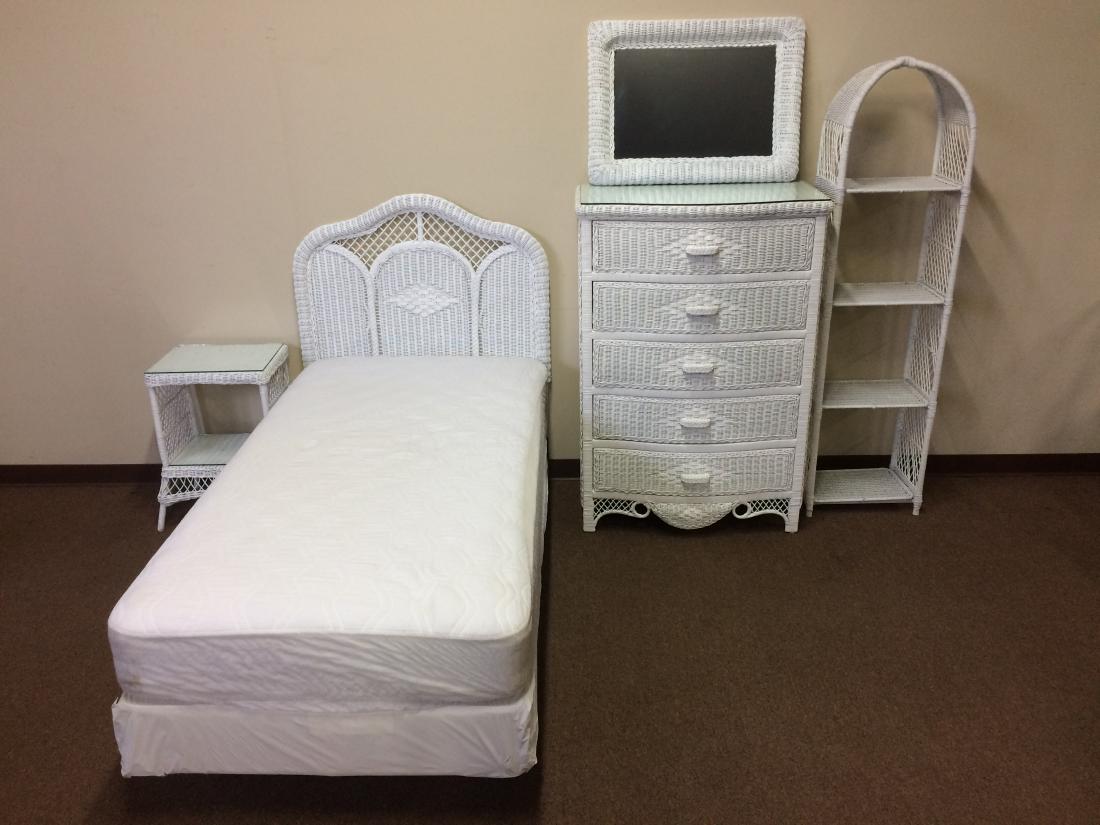 5 Pcs Wicker Bedroom Set: Mattress and box spring included. Bed 40 wide x 76 long x 49 high. Dresser 34 1/2 wide x 20 deep x 51 high