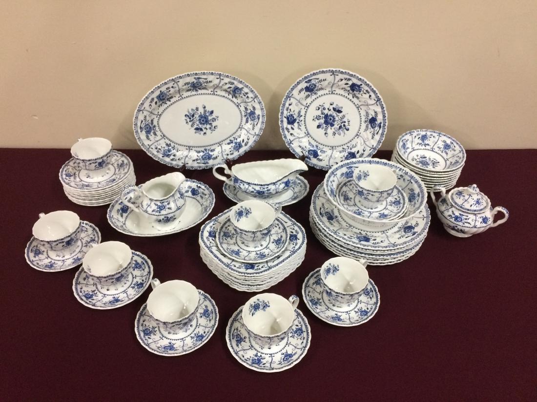 59 Pcs Ironstone by Johnson Bros.: Oval platter 12" wide. Dinner plates 10" diameter.