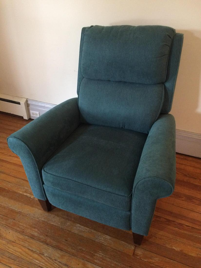 Reclining Armchair: Minor wear on top back. 35-1/2” wide x 35” deep x 42-1/2" high.