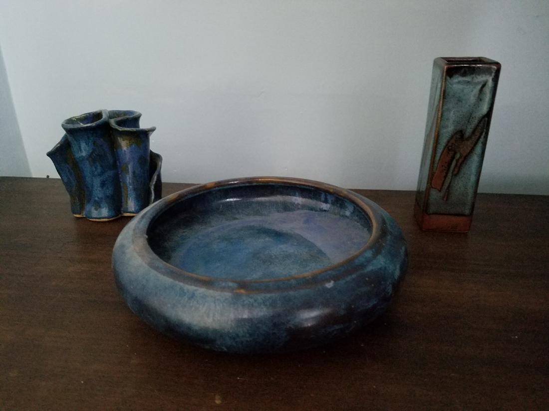 3 Pcs Pottery incl Fulper: Fulper dish 9" diameter.