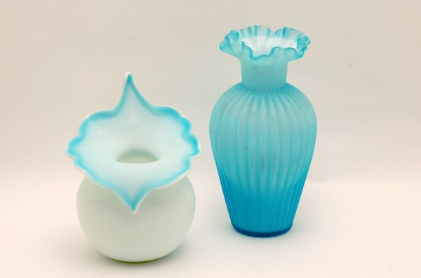 2 Victorian Blue Satin Glass Vases