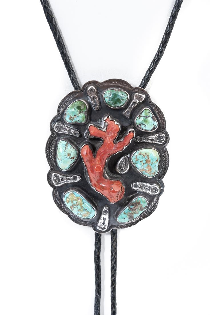 Sterling Turquoise and Coral Bolo Tie (1 of 4)